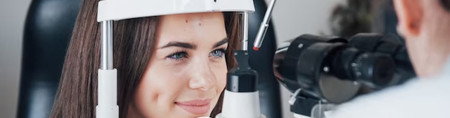 врач проводит офтальмоскопию глазного дна женщине